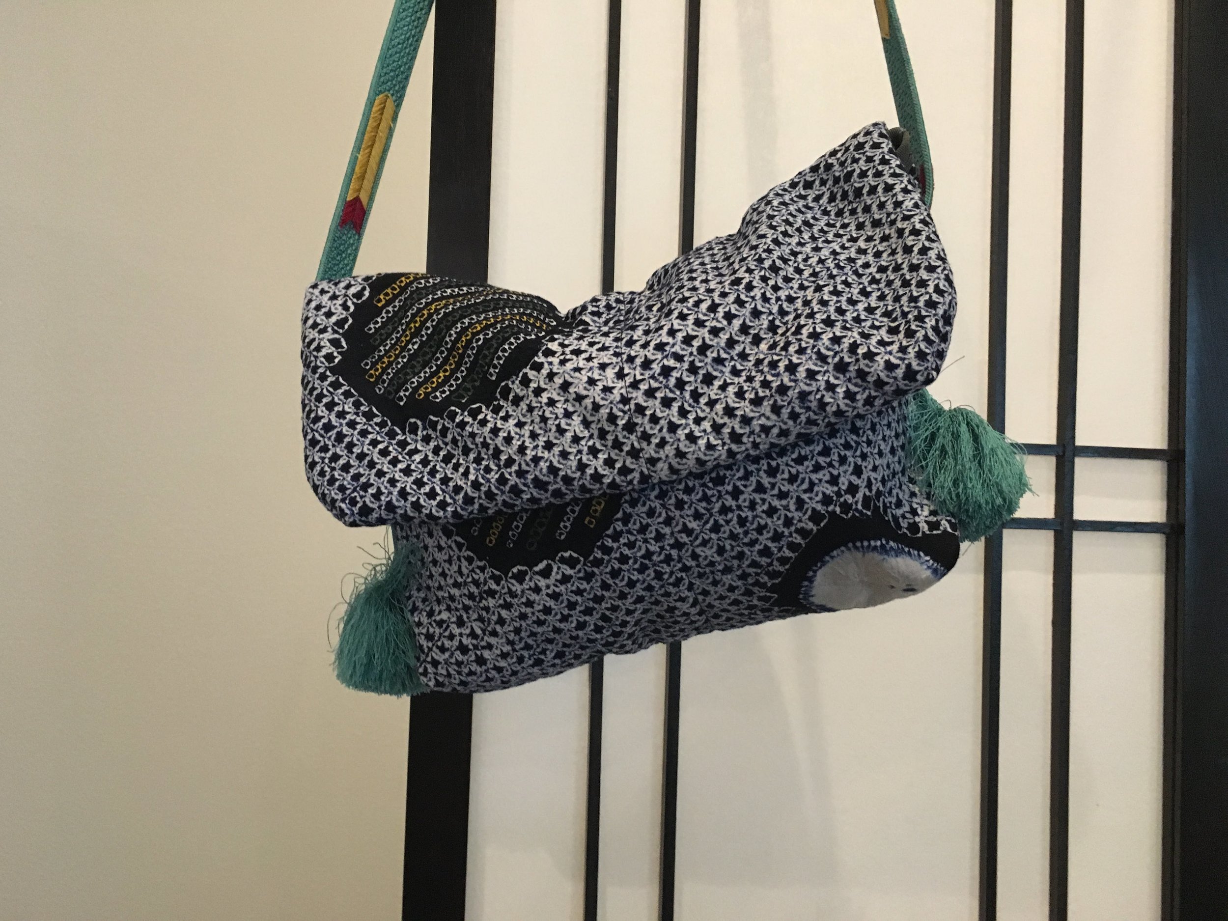 Vintage Silk Shibori Kimono remake bag with a Obijime strap