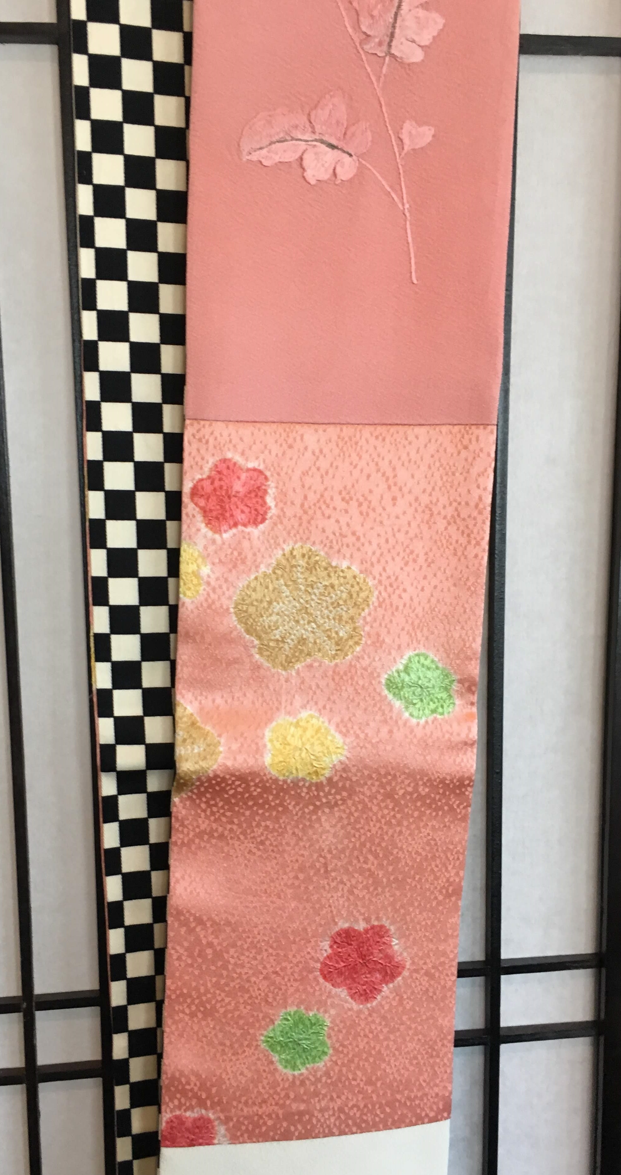 Hanhaba Obi / Half Width Obi – For Yukata (市松 Checkers, Shibori Flowers &amp; hand embroidered leaves )