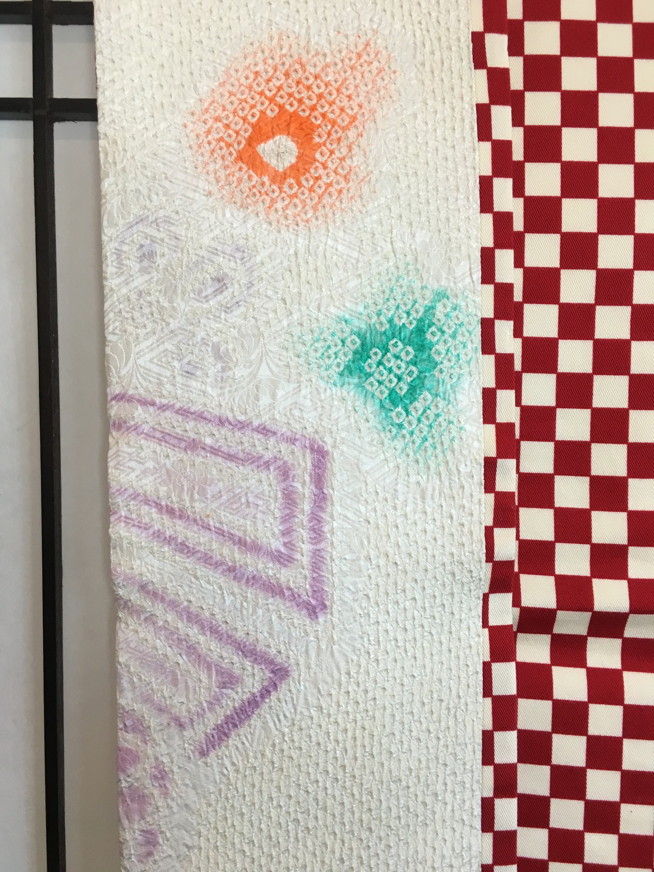 Hanhaba Obi / Half Width Obi – For Yukata (市松 Checkers, Shibori Flowers)